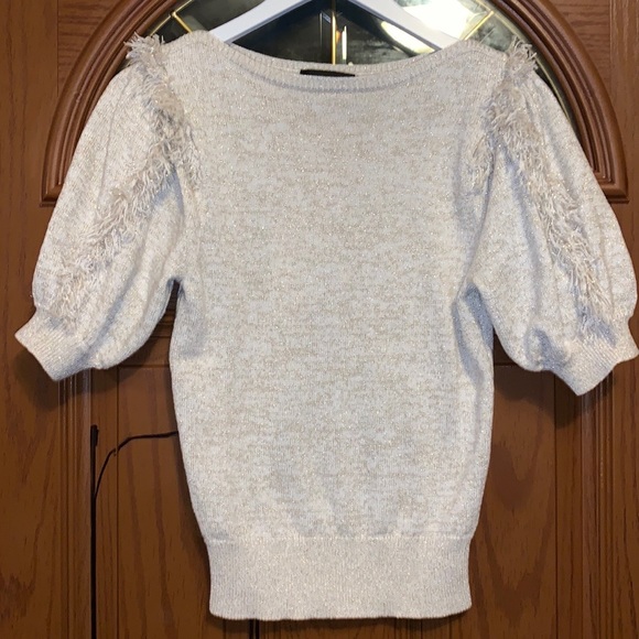 Ann Taylor Beige & Metallic Gold Shimmer Fringe Detail Puff Sleeve Sweater - Picture 7 of 16